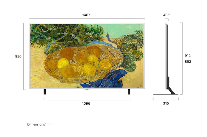 LG Gallery TV AI with frame LX7 ART TV shown in front and side views highlights an 65-inch display with a 1096 mm-wide screen, 850 mm screen height, 882/912 mm height with stand, a 40.5 mm profile depth, and a stand footprint measuring 1096 by 315 mm.